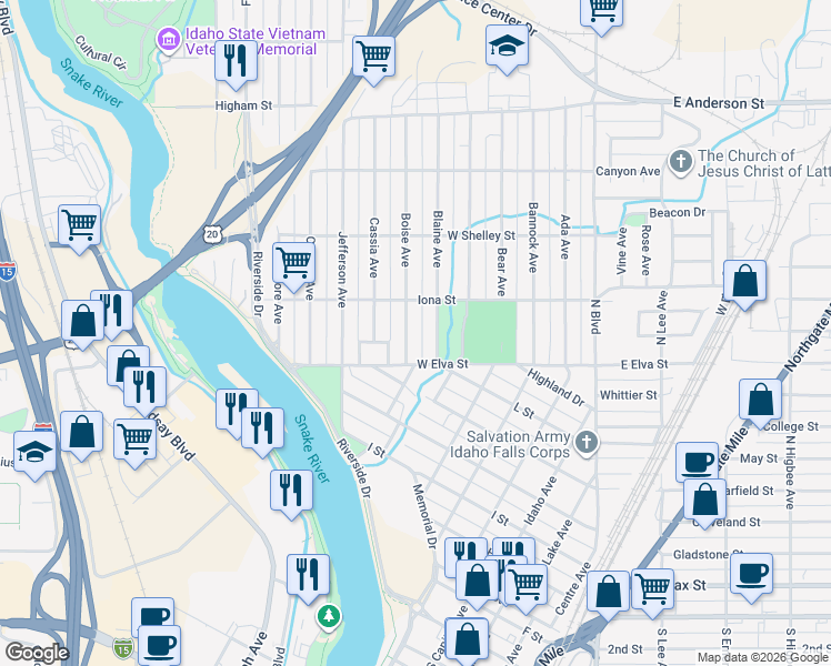 map of restaurants, bars, coffee shops, grocery stores, and more near 920 Boise Avenue in Idaho Falls