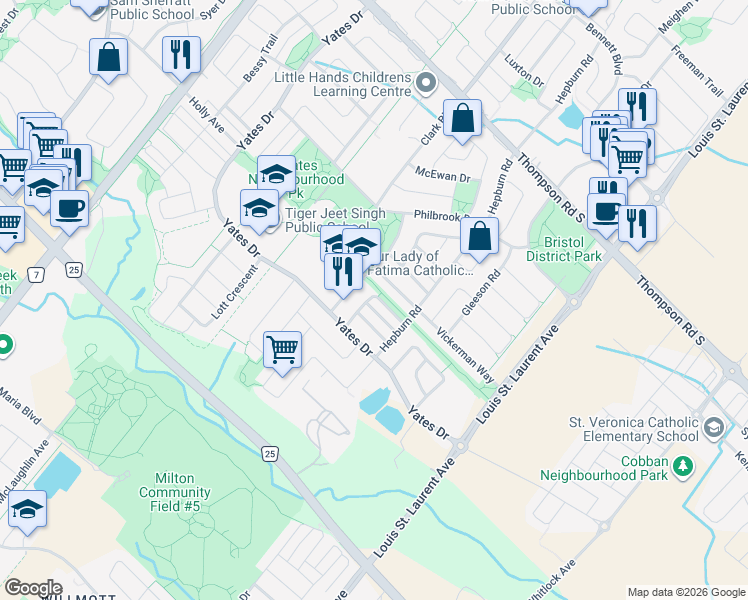 map of restaurants, bars, coffee shops, grocery stores, and more near 912 Ambroise Crescent in Milton