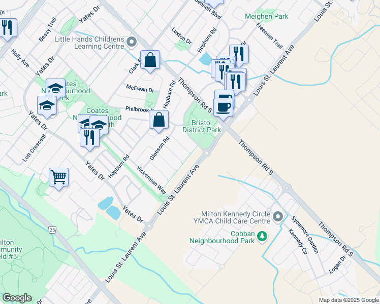 map of restaurants, bars, coffee shops, grocery stores, and more near 1055 Easterbrook Crescent in Milton