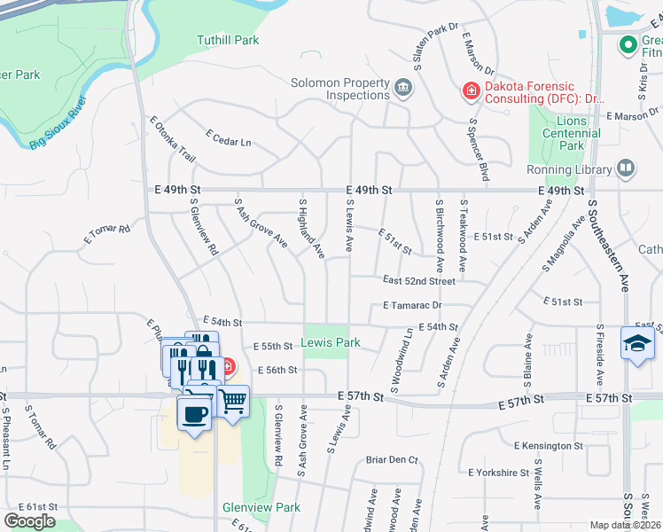 map of restaurants, bars, coffee shops, grocery stores, and more near 4408 South Highland Avenue in Sioux Falls