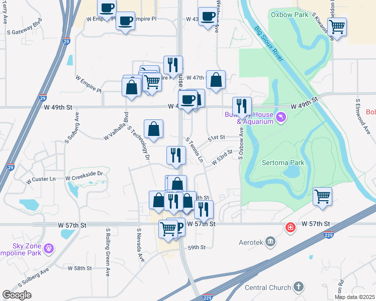 map of restaurants, bars, coffee shops, grocery stores, and more near 4404 South Louise Avenue in Sioux Falls