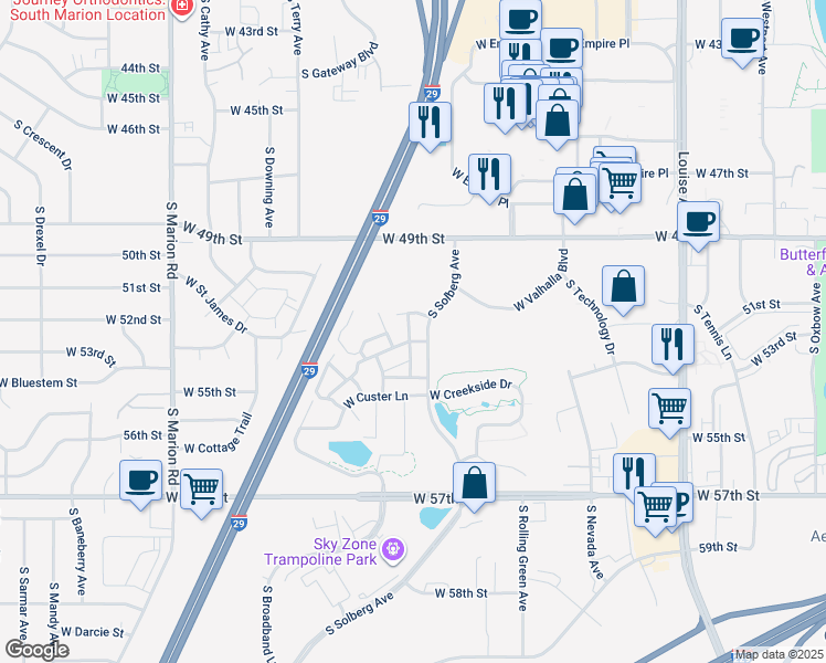 map of restaurants, bars, coffee shops, grocery stores, and more near 4301 South Solberg Avenue in Sioux Falls