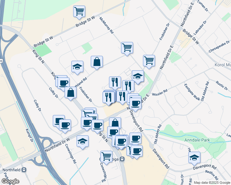 map of restaurants, bars, coffee shops, grocery stores, and more near 100 Frobisher Drive in Waterloo