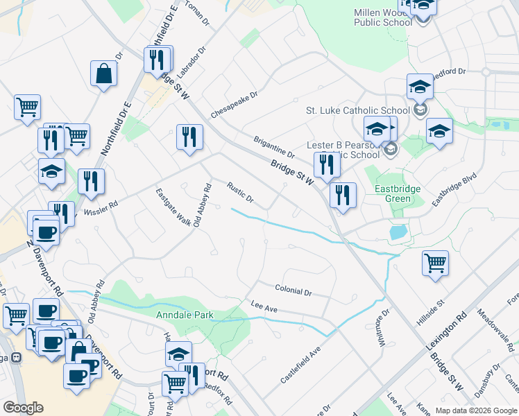 map of restaurants, bars, coffee shops, grocery stores, and more near 577 Grant Crescent in Waterloo