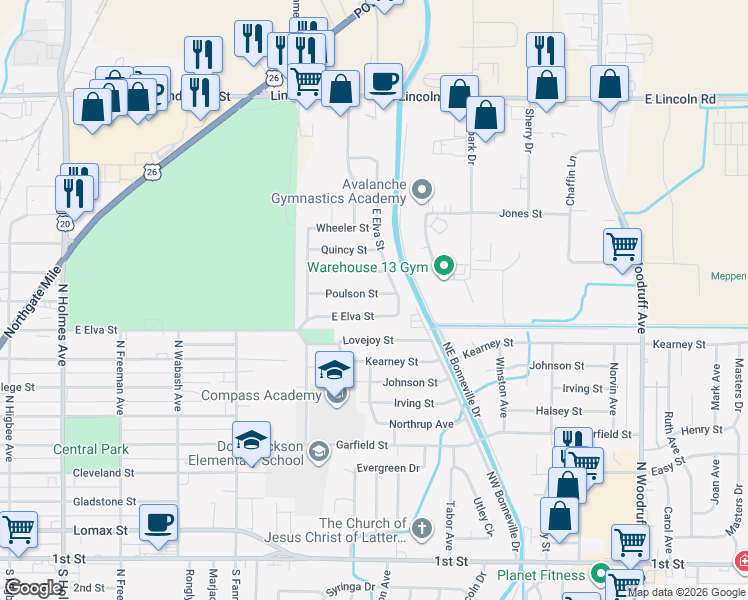 map of restaurants, bars, coffee shops, grocery stores, and more near 962 Poulson Street in Idaho Falls