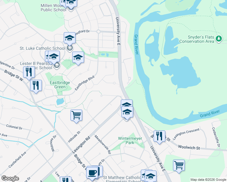 map of restaurants, bars, coffee shops, grocery stores, and more near 454 Malabar Drive in Waterloo