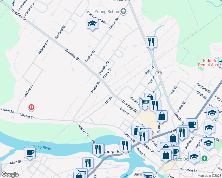 map of restaurants, bars, coffee shops, grocery stores, and more near 71-73 Bradley Street in Saco