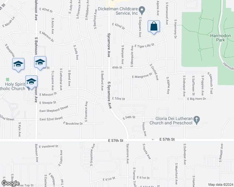 map of restaurants, bars, coffee shops, grocery stores, and more near 4507 East 53rd Street in Sioux Falls