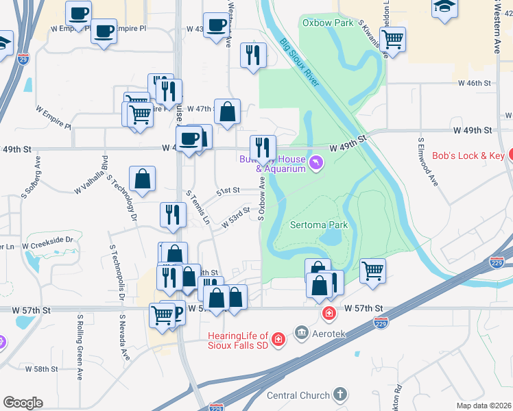 map of restaurants, bars, coffee shops, grocery stores, and more near 3305 West 53rd Street in Sioux Falls