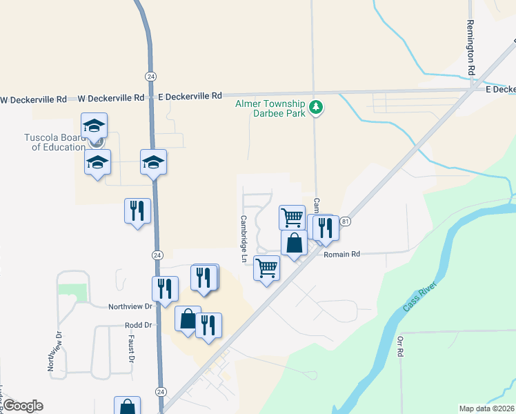 map of restaurants, bars, coffee shops, grocery stores, and more near 1303 Sugar Tree Court in Caro