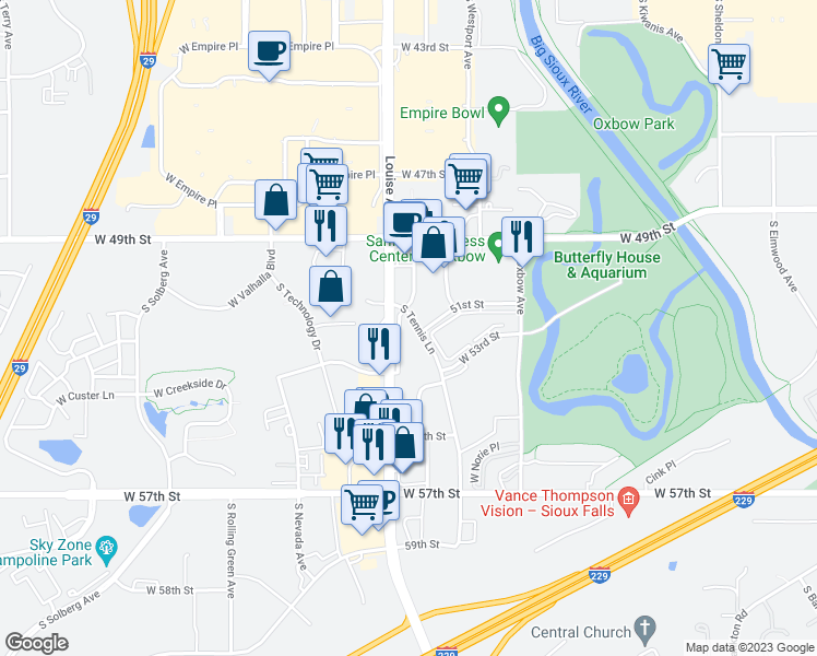 map of restaurants, bars, coffee shops, grocery stores, and more near 4400 South Louise Avenue in Sioux Falls