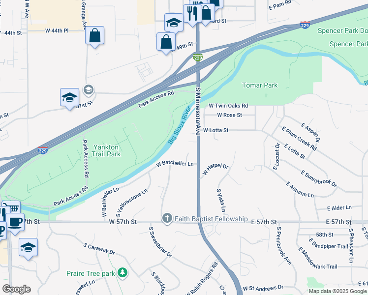 map of restaurants, bars, coffee shops, grocery stores, and more near 4300-4398 S Pine Cone Pl in Sioux Falls