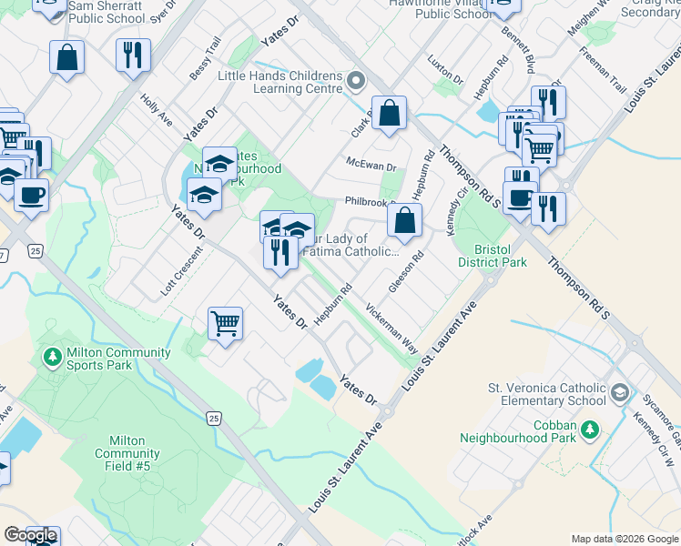 map of restaurants, bars, coffee shops, grocery stores, and more near 937 Vickerman Way in Milton