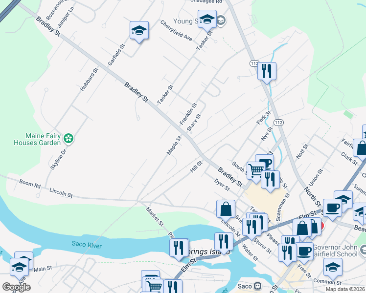 map of restaurants, bars, coffee shops, grocery stores, and more near 94 Bradley Street in Saco