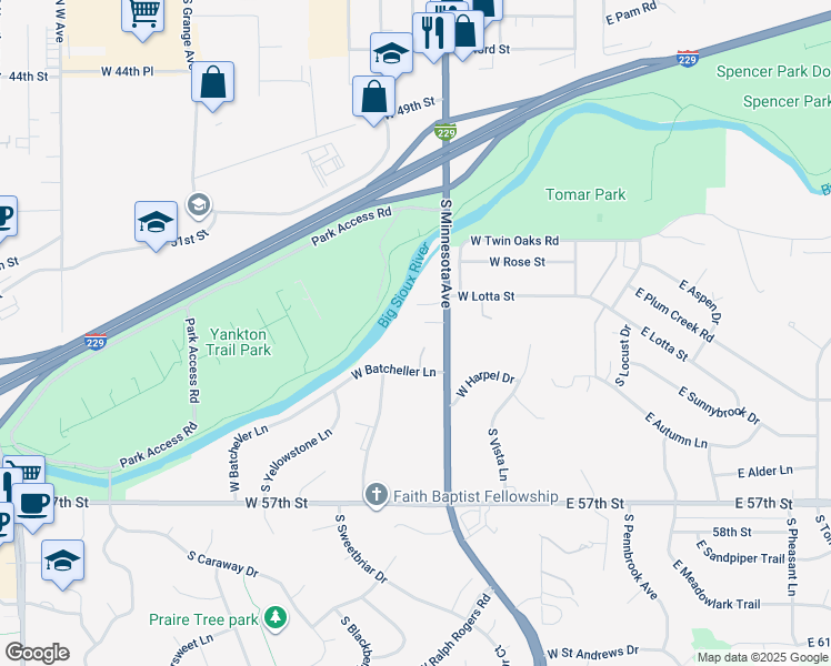 map of restaurants, bars, coffee shops, grocery stores, and more near 4300-4398 S Pine Cone Pl in Sioux Falls