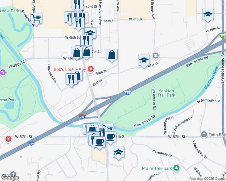 map of restaurants, bars, coffee shops, grocery stores, and more near 4207 South West Avenue in Sioux Falls