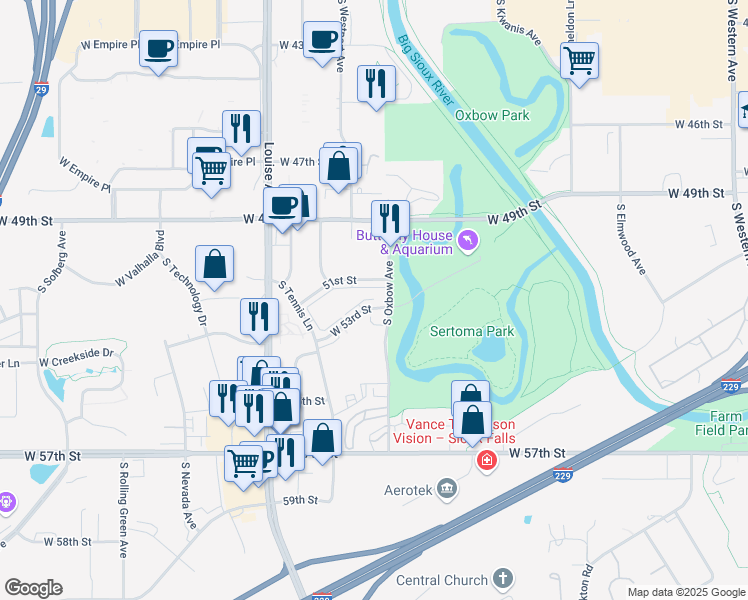 map of restaurants, bars, coffee shops, grocery stores, and more near 3305 West 53rd Street in Sioux Falls