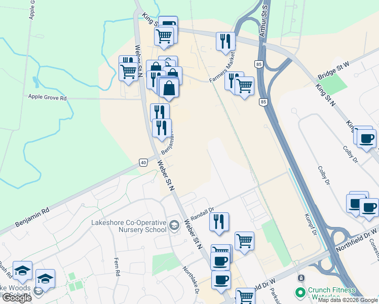 map of restaurants, bars, coffee shops, grocery stores, and more near 645 Conrad Place in Waterloo