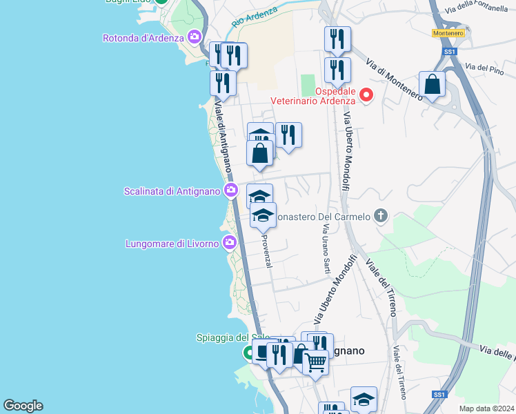 map of restaurants, bars, coffee shops, grocery stores, and more near Via Dino Provenzal in Livorno