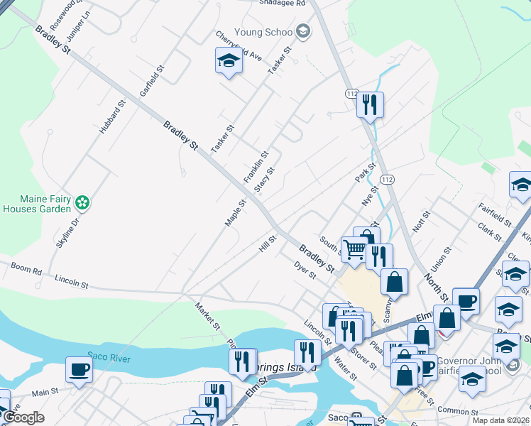 map of restaurants, bars, coffee shops, grocery stores, and more near 94 Bradley Street in Saco