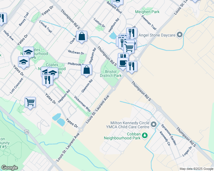 map of restaurants, bars, coffee shops, grocery stores, and more near 1055 Easterbrook Crescent in Milton