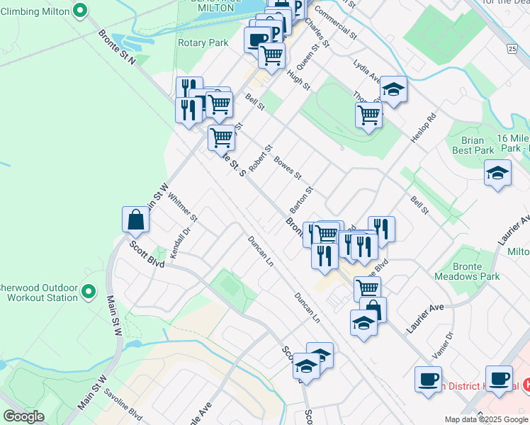 map of restaurants, bars, coffee shops, grocery stores, and more near 182 Bronte Street South in Milton