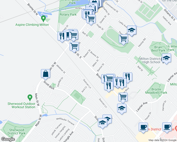 map of restaurants, bars, coffee shops, grocery stores, and more near 182 Bronte Street South in Milton
