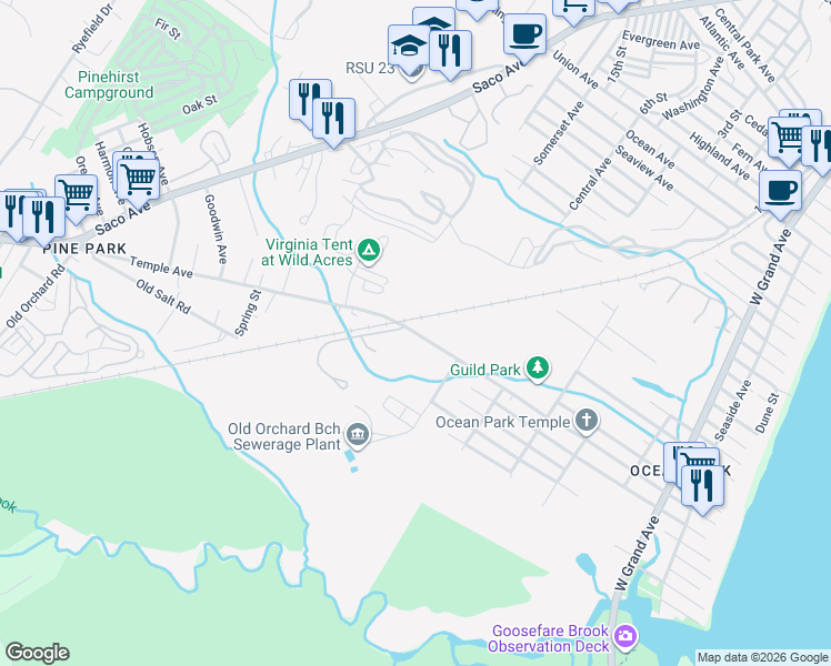 map of restaurants, bars, coffee shops, grocery stores, and more near Temple Avenue in Old Orchard Beach