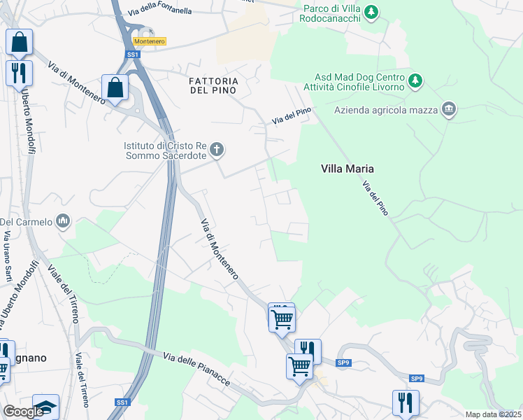 map of restaurants, bars, coffee shops, grocery stores, and more near 102 Via della Prugnoliccia in Livorno