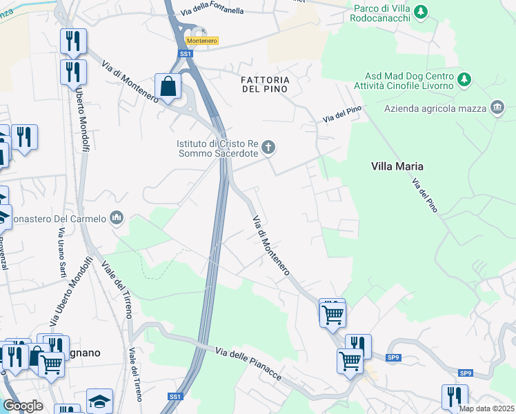 map of restaurants, bars, coffee shops, grocery stores, and more near 222 Via di Montenero in Leghorn