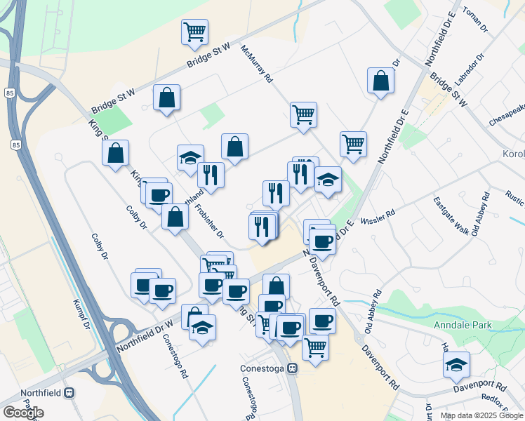 map of restaurants, bars, coffee shops, grocery stores, and more near 675 Davenport Road in Waterloo
