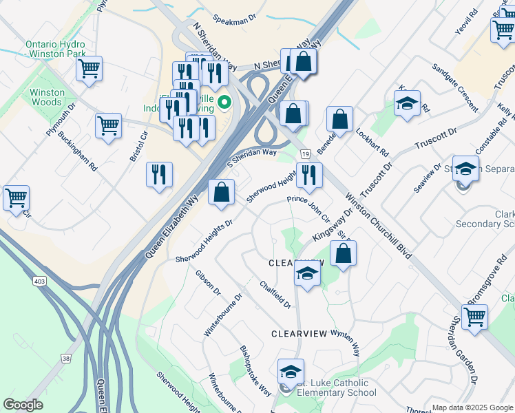 map of restaurants, bars, coffee shops, grocery stores, and more near 1474 Prince John Circle in Oakville