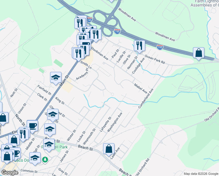 map of restaurants, bars, coffee shops, grocery stores, and more near 30 Shannon Lane in Saco