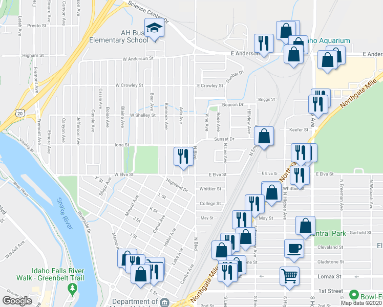 map of restaurants, bars, coffee shops, grocery stores, and more near 105 Sunset Drive in Idaho Falls