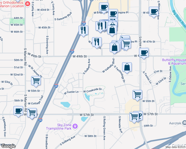 map of restaurants, bars, coffee shops, grocery stores, and more near 4200 West Valhalla Boulevard in Sioux Falls