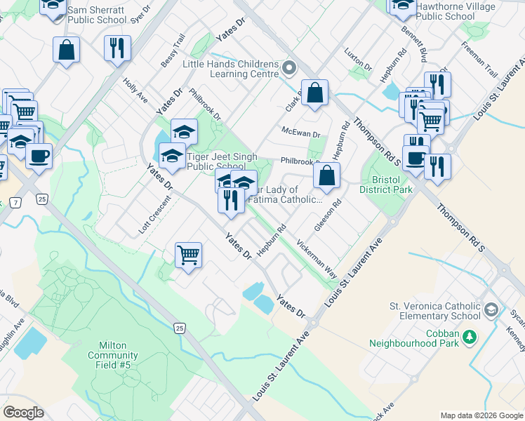 map of restaurants, bars, coffee shops, grocery stores, and more near in Milton