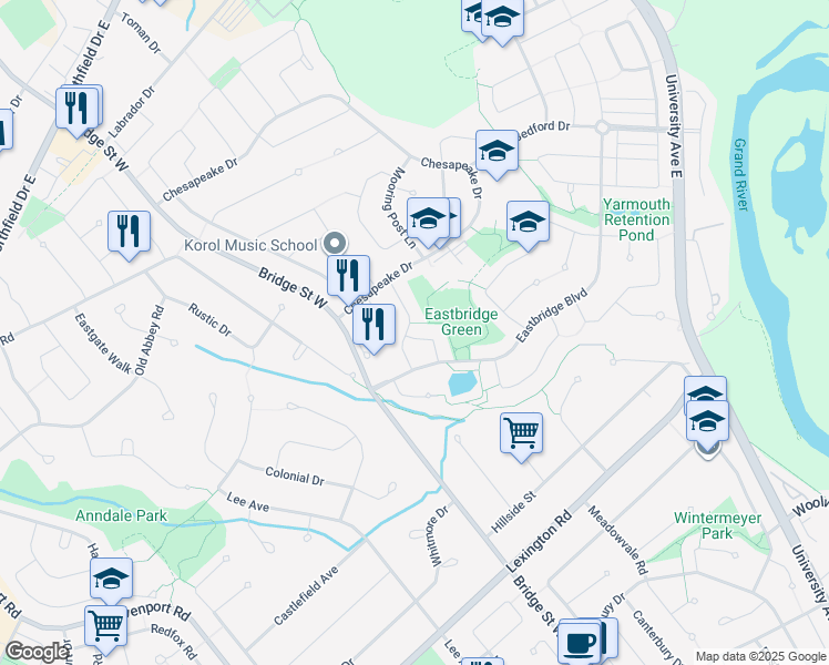 map of restaurants, bars, coffee shops, grocery stores, and more near 538 Mayflower Street in Waterloo