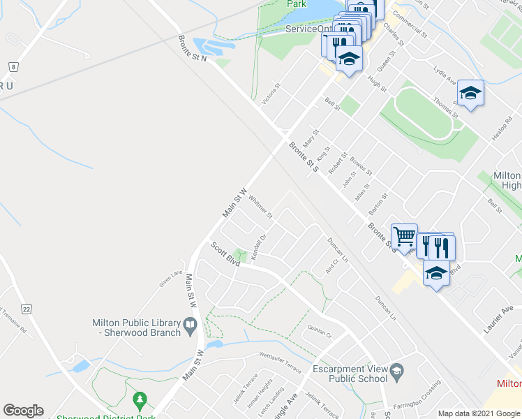 map of restaurants, bars, coffee shops, grocery stores, and more near 32 Whitmer Street in Milton