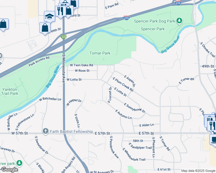 map of restaurants, bars, coffee shops, grocery stores, and more near 200 East Lotta Street in Sioux Falls