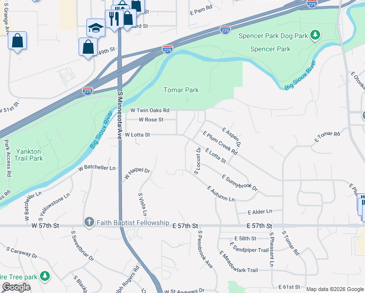 map of restaurants, bars, coffee shops, grocery stores, and more near 103 East Lotta Street in Sioux Falls