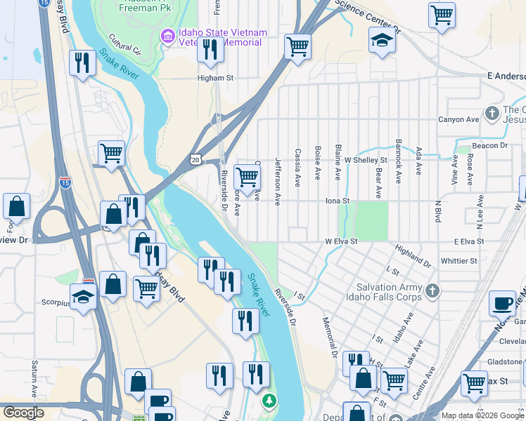 map of restaurants, bars, coffee shops, grocery stores, and more near 1030 Canyon Avenue in Idaho Falls
