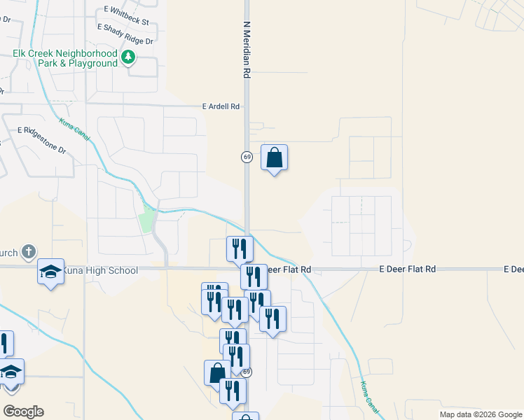map of restaurants, bars, coffee shops, grocery stores, and more near 1698 East Lazy Db Lane in Kuna