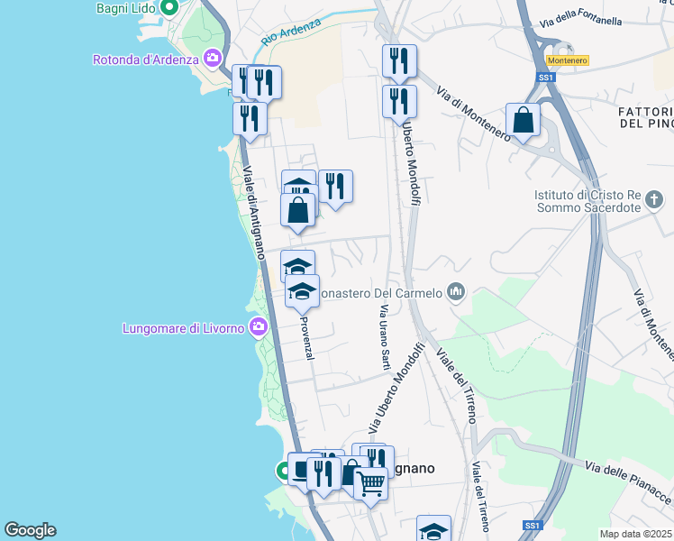 map of restaurants, bars, coffee shops, grocery stores, and more near 34 Via Carlo Puini in Livorno