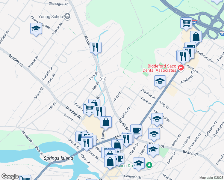 map of restaurants, bars, coffee shops, grocery stores, and more near 121 North Street in Saco