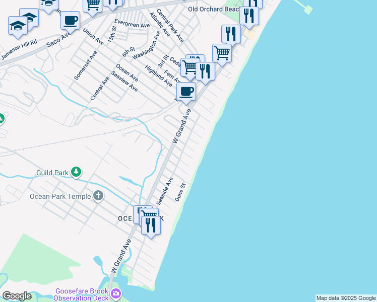 map of restaurants, bars, coffee shops, grocery stores, and more near 8 Odessa Avenue in Old Orchard Beach