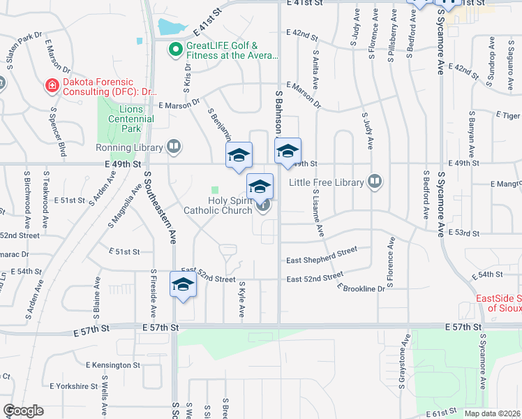 map of restaurants, bars, coffee shops, grocery stores, and more near 3530 East Dudley Lane in Sioux Falls