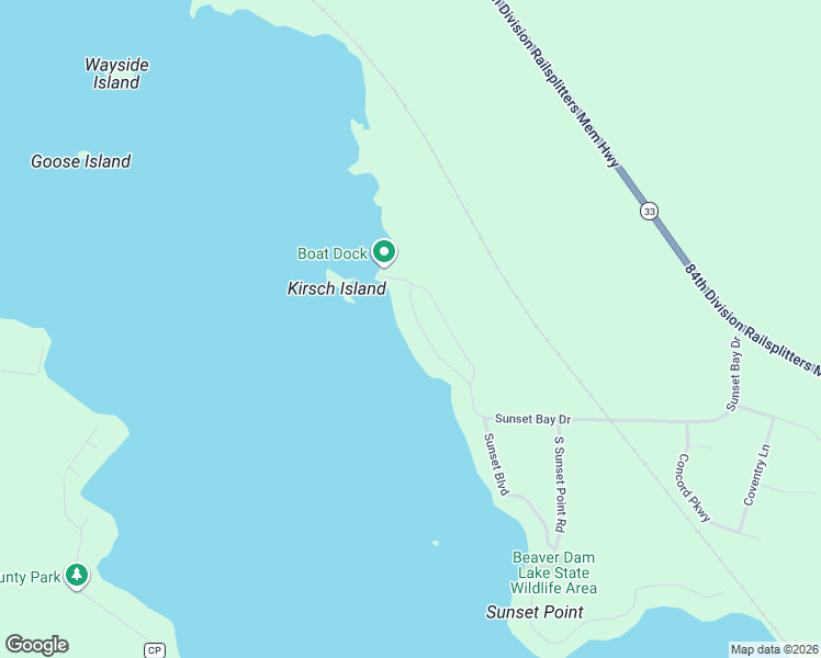 map of restaurants, bars, coffee shops, grocery stores, and more near N8595 Sunset Beach Road in Beaver Dam