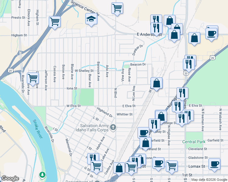 map of restaurants, bars, coffee shops, grocery stores, and more near 105 Sunset Drive in Idaho Falls