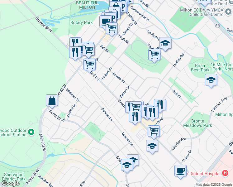 map of restaurants, bars, coffee shops, grocery stores, and more near in Milton