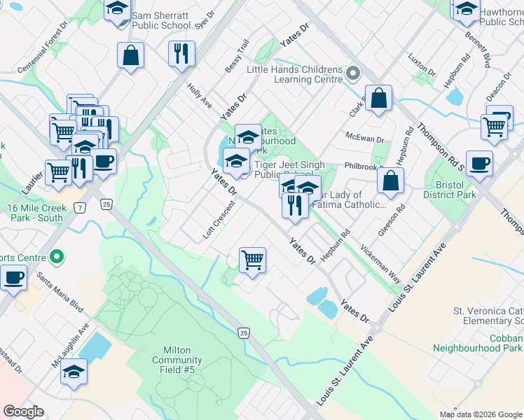 map of restaurants, bars, coffee shops, grocery stores, and more near Yates Dr & Stoutt Cres in Milton